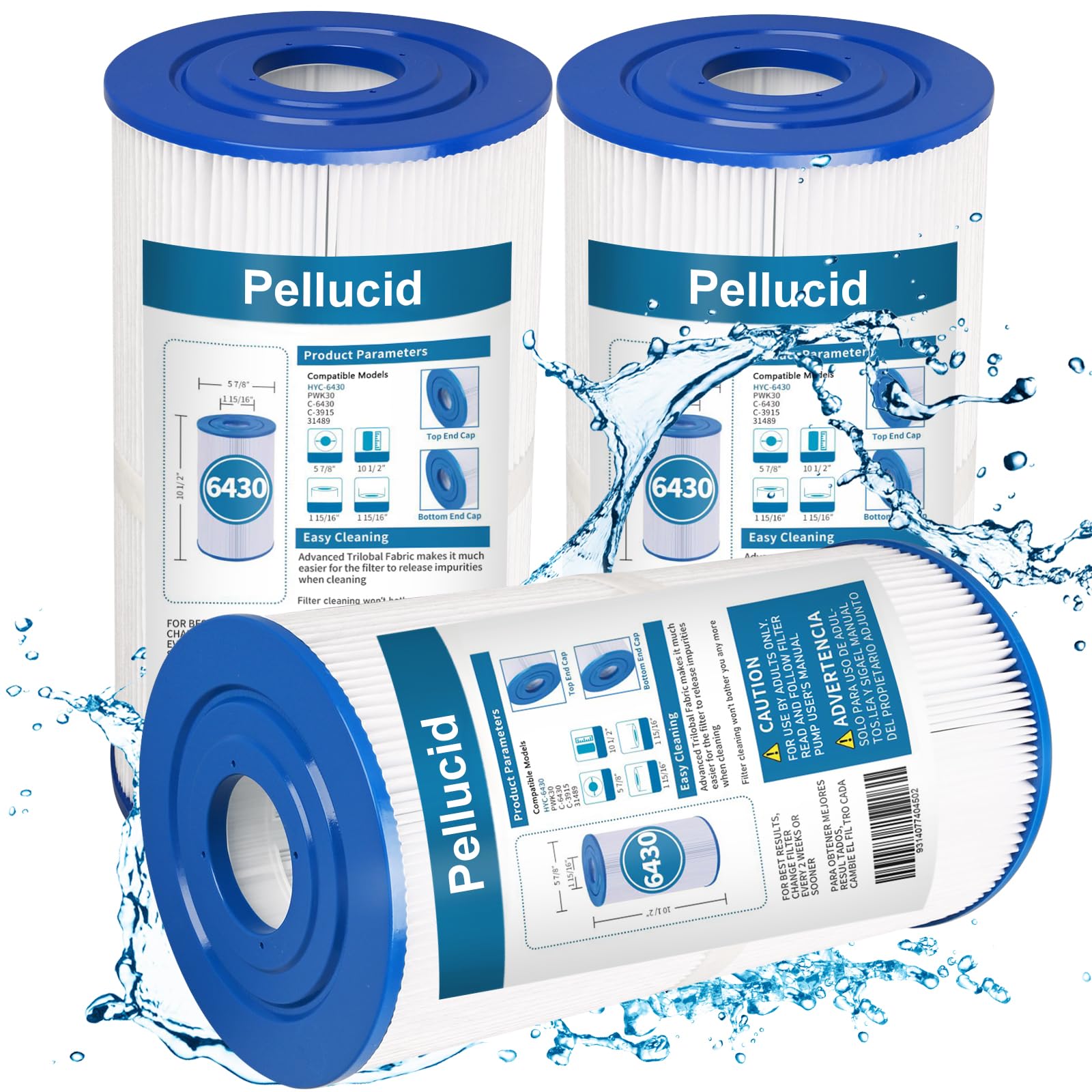 PELLUCID front view of three-pack spa filter showing fit and value