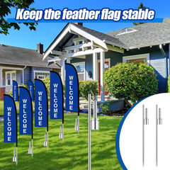 Pelopy stake installed in lawn securing feather flag for steady display