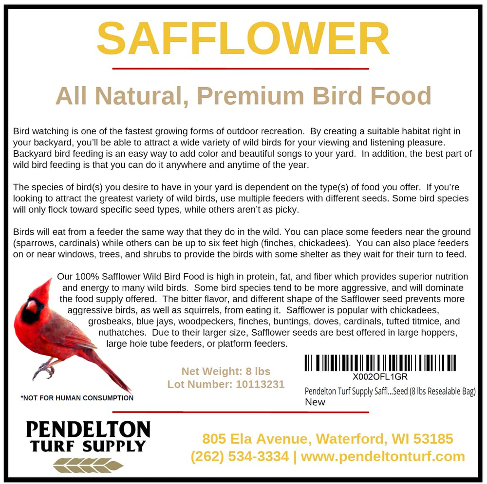 Pendelton Turf Supply safflower seed in a hanging feeder attracting cardinals and chickadees