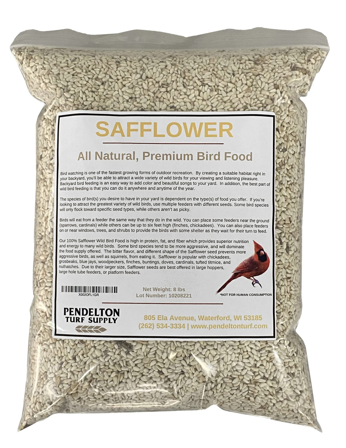 Pendelton Turf Supply front of 8 lb resealable safflower bag showing branding and benefits