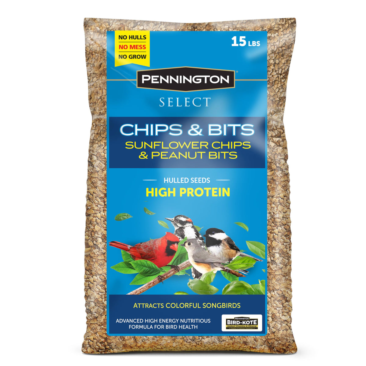 Pennington front packaging showing 15-lb bag and brand, clear product identity benefit
