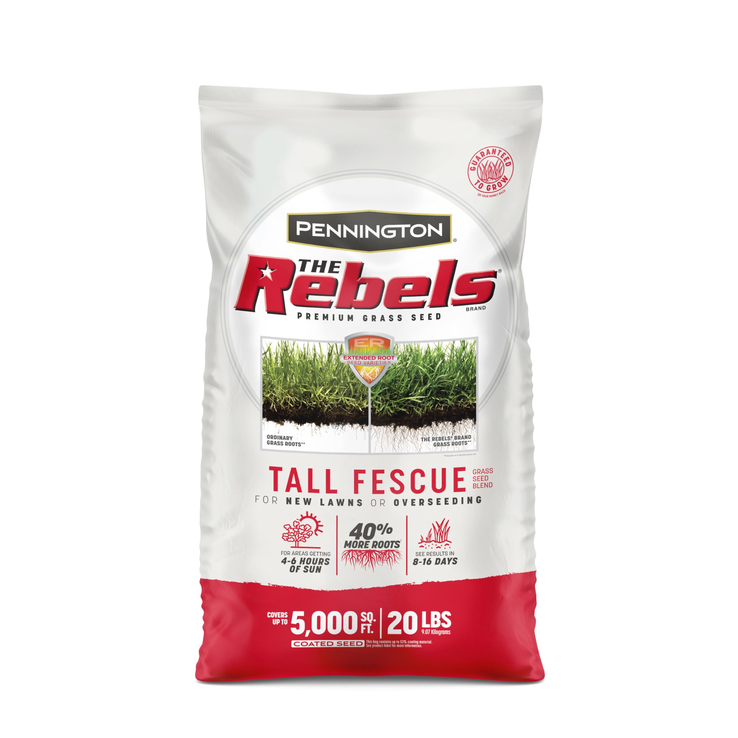 Pennington bag front showing The Rebels 20 lb and coverage details for easy shopping