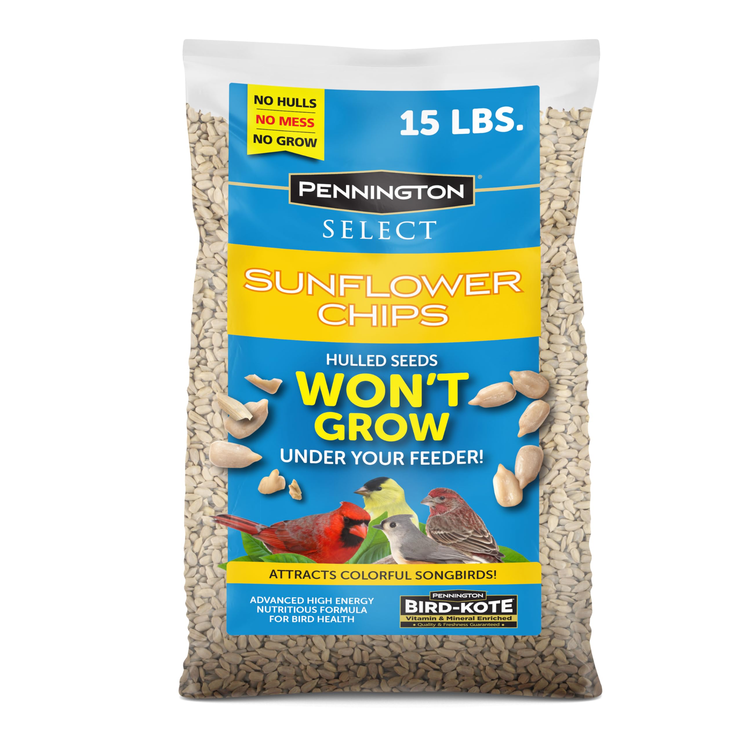 Pennington sunflower chips front bag view showing convenient 15lb size