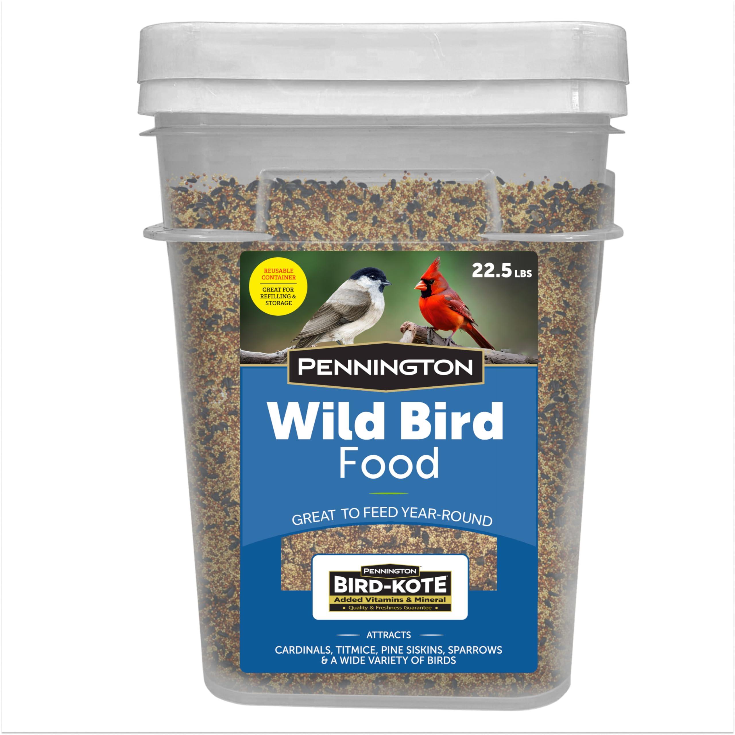 Pennington bucket front view showing branding and resealable lid benefits