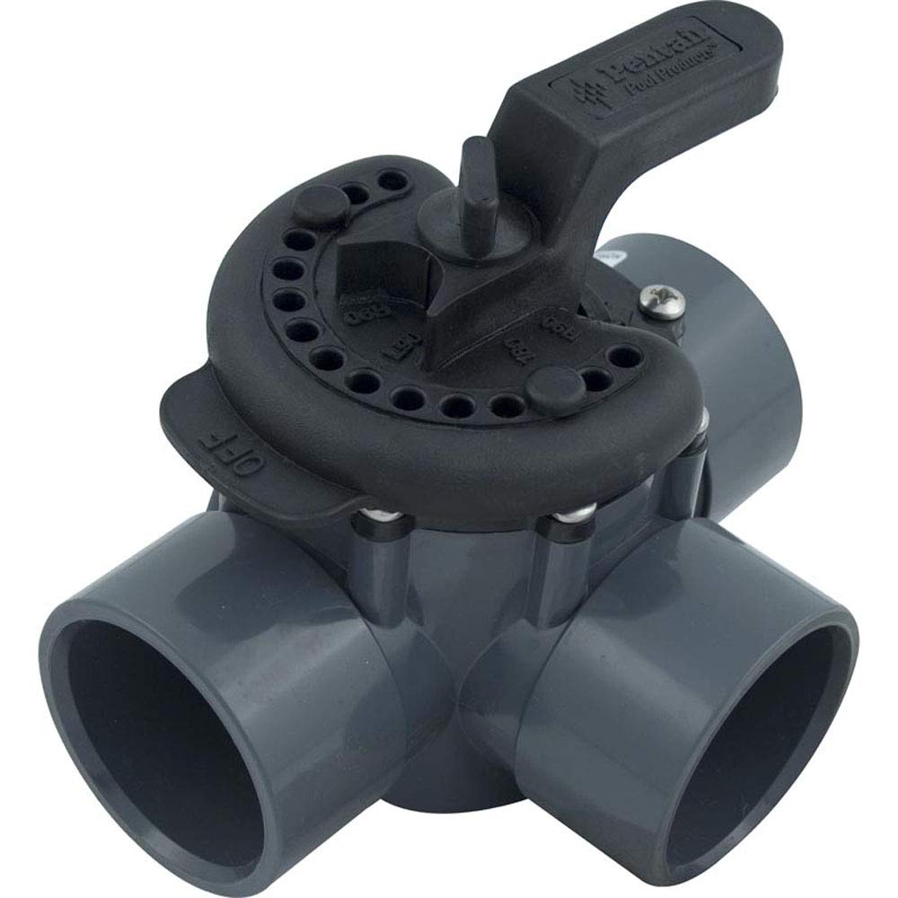 Pentair diverter valve front view showing grey body and connection ports for easy installation