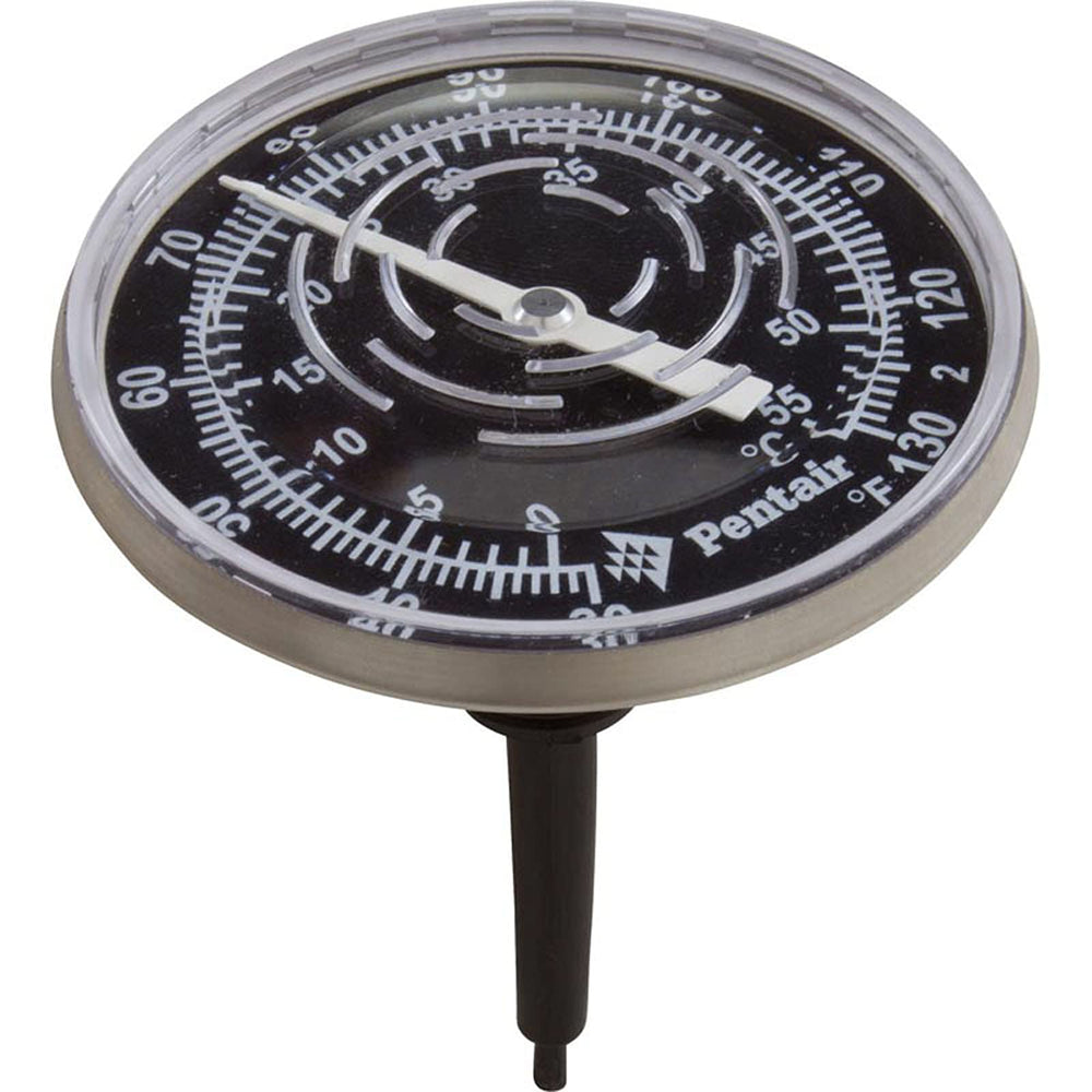 Pentair inline thermometer front view showing clear gauge and compact housing for easy reading