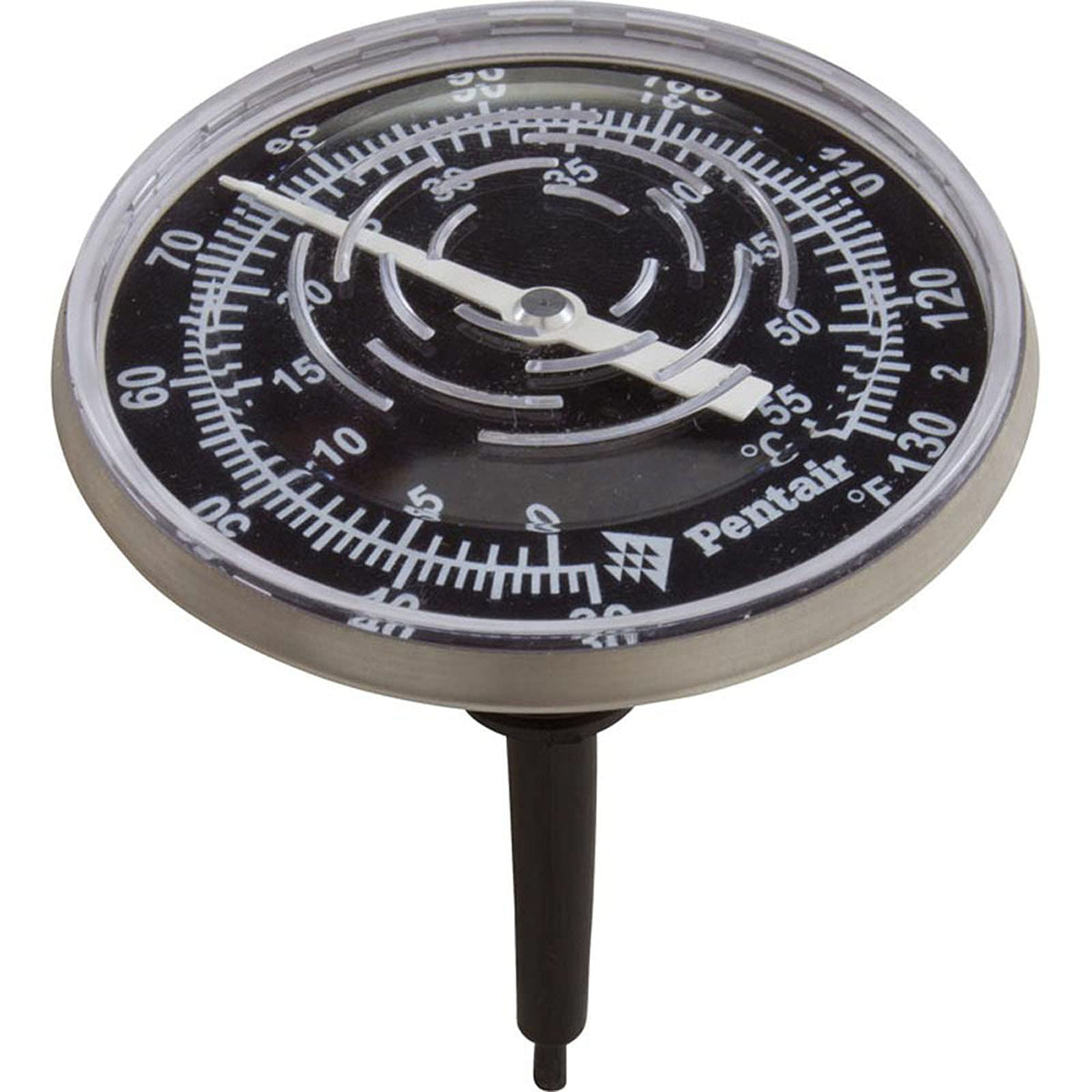 Pentair inline thermometer front view showing clear gauge and compact housing for easy reading