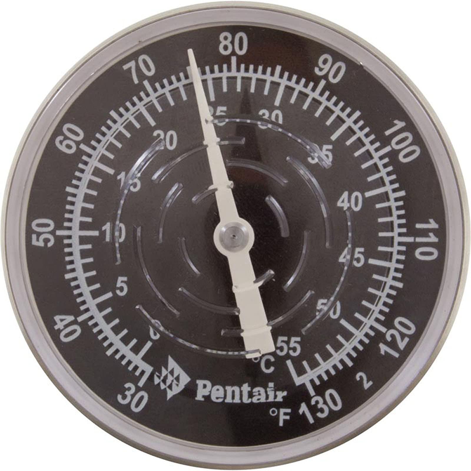 Pentair thermometer beside tape measure showing compact 0.5 inch dimensions for tight spaces