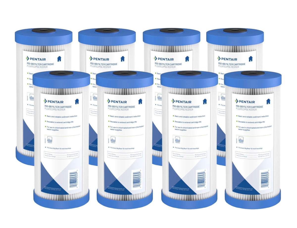 Pentek R50-BB front view showing pack of eight filters and labeling, reliable sediment protection