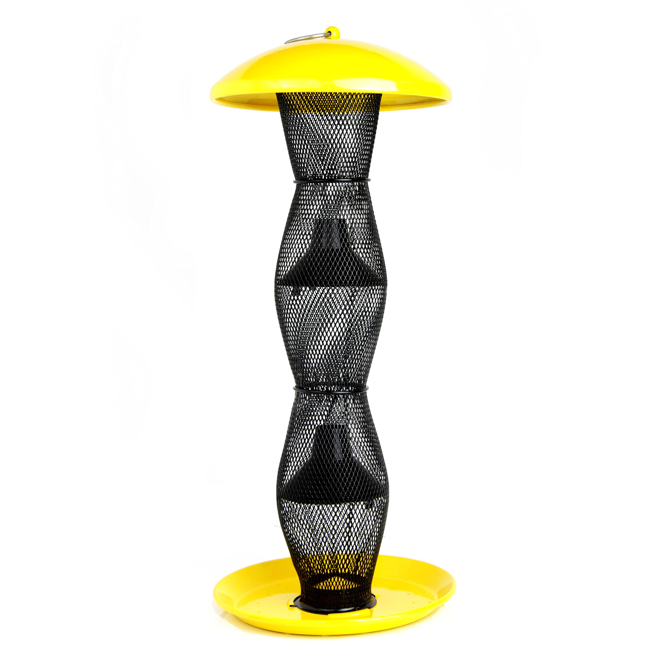 Perky-Pet front view showing bright yellow accents and durable metal benefit: visibility