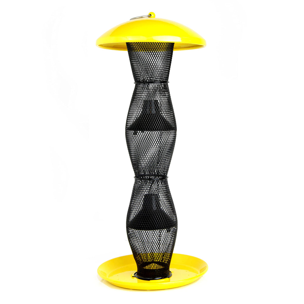 Perky-Pet front view showing bright yellow accents and durable metal benefit: visibility