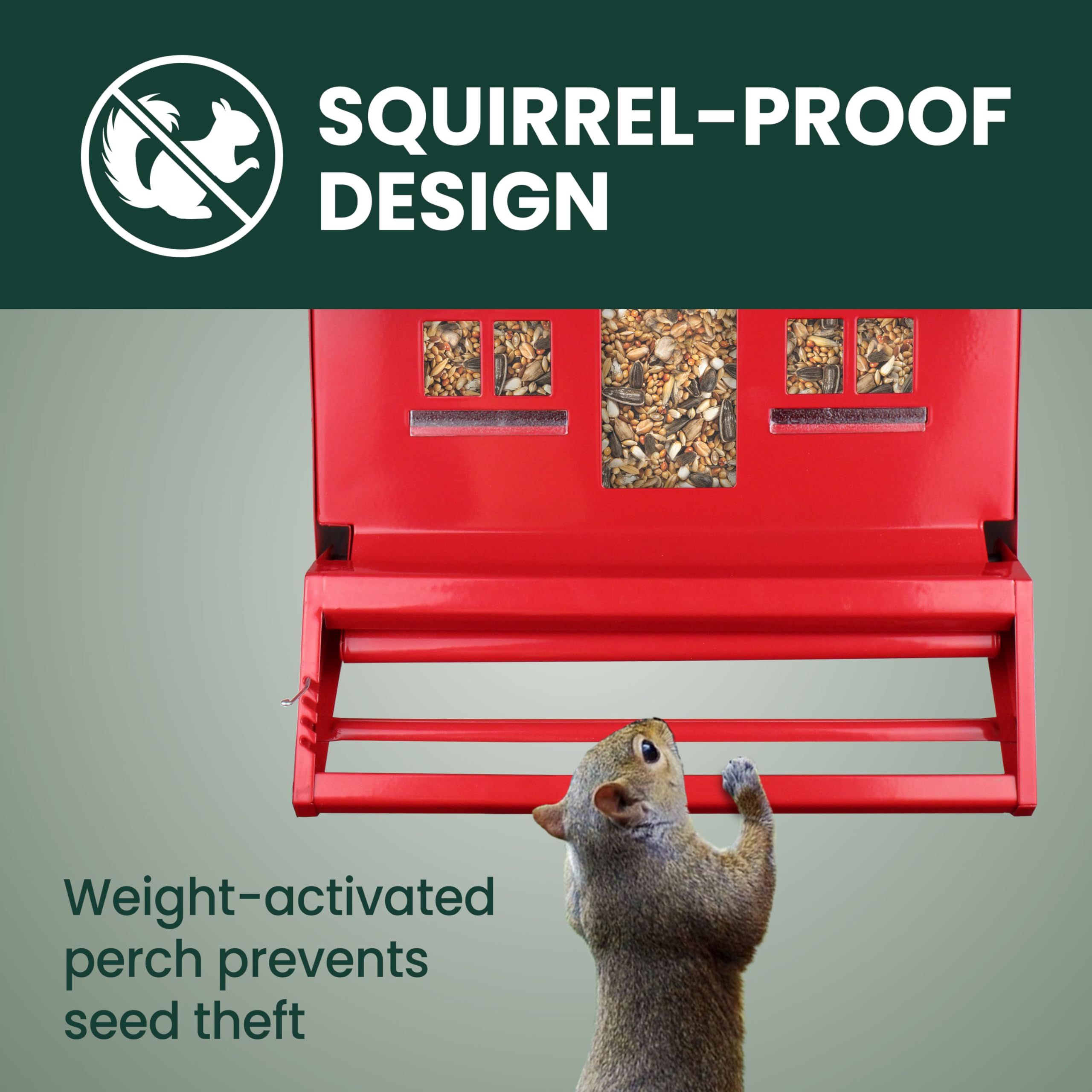 Perky-Pet feeder with locking roof open for quick refills and easy cleaning