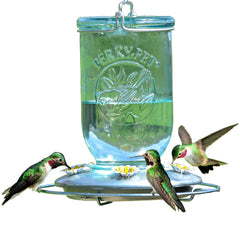 Perky-Pet front view of blue mason jar feeder showing vintage charm and 32 oz capacity