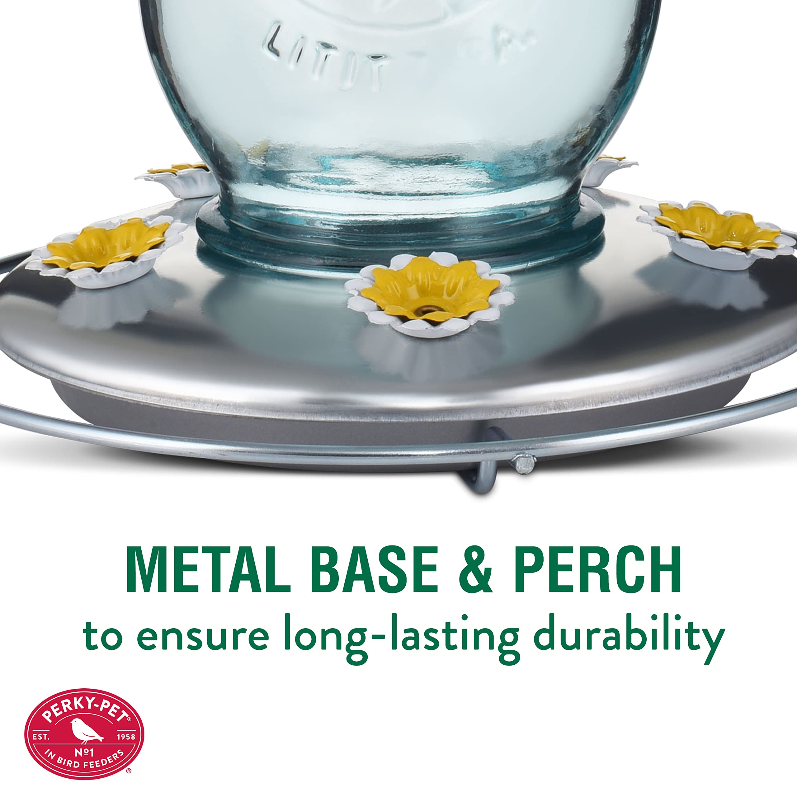 Perky-Pet metal base underside view showing sturdy construction and secure seal