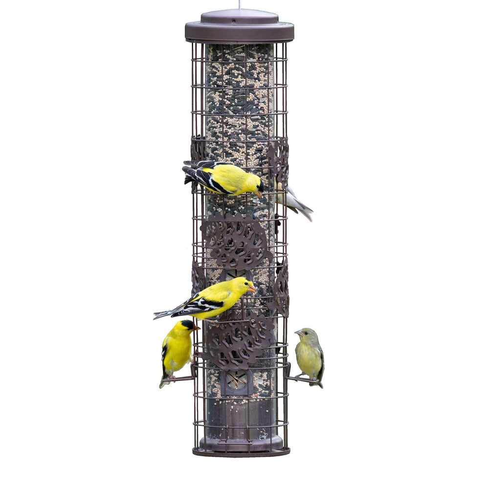 Perky-Pet front view of pinecone feeder showing rustic design and capacity benefit