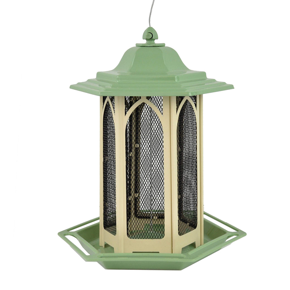 Perky-Pet pistachio gazebo front view showing feeder and perches attract birds