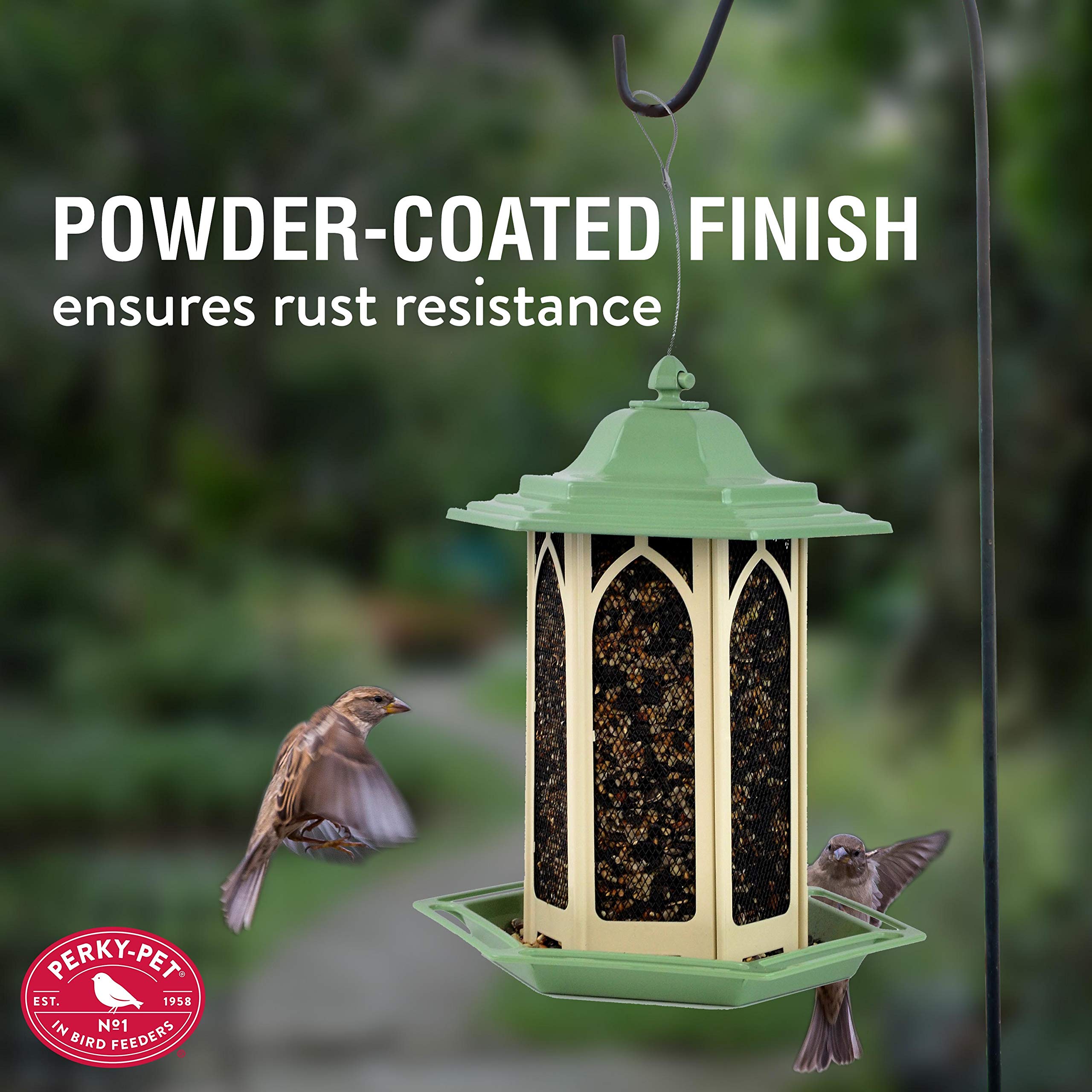 Perky-Pet pistachio wraparound tray close-up catching dropped seeds effectively