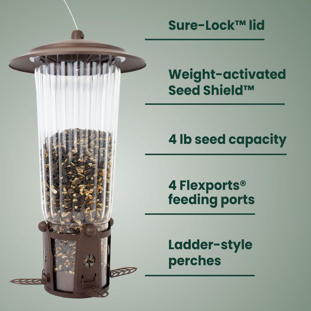 Perky-Pet filled with seed highlighting 4 lb capacity for longer feedings