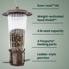 Perky-Pet filled with seed highlighting 4 lb capacity for longer feedings
