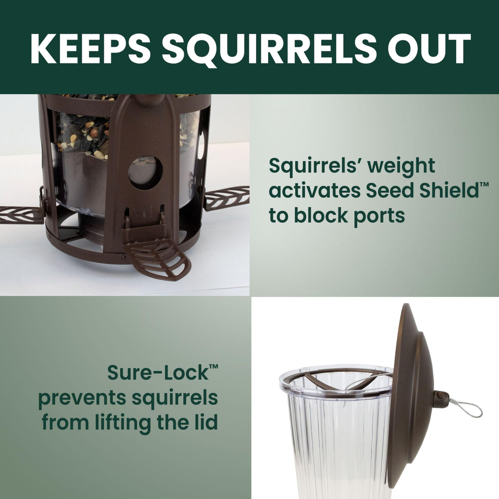 Perky-Pet Seed Shield mechanism view illustrating weight-activated squirrel protection