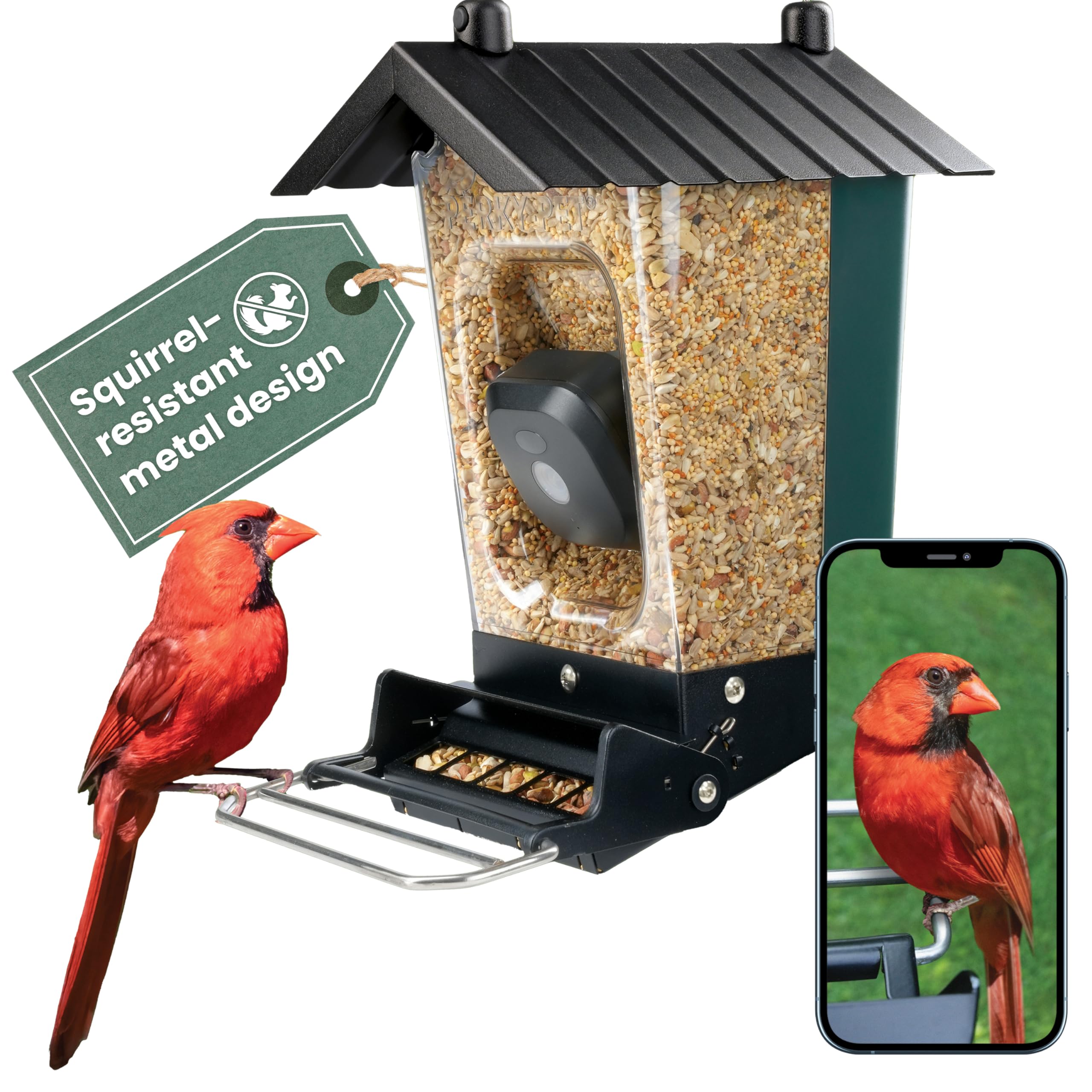 Perky-Pet front view showing feeder and camera, highlights easy monitoring