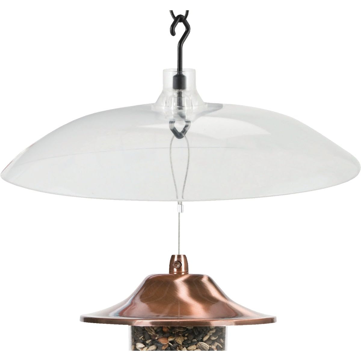 Perky-Pet transparent baffler front view showing clear dome and hooks for easy mounting