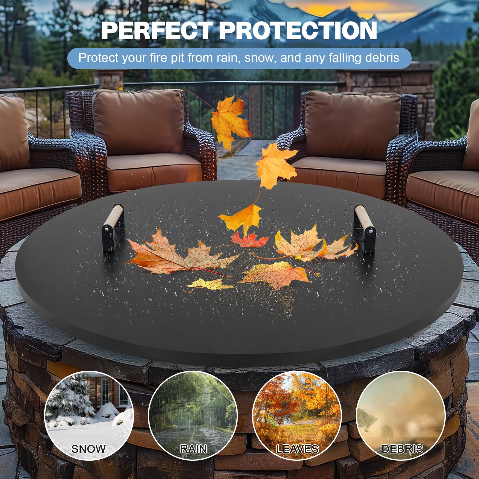 Permade lid placed on fire pit as tabletop adding extra serving space benefit