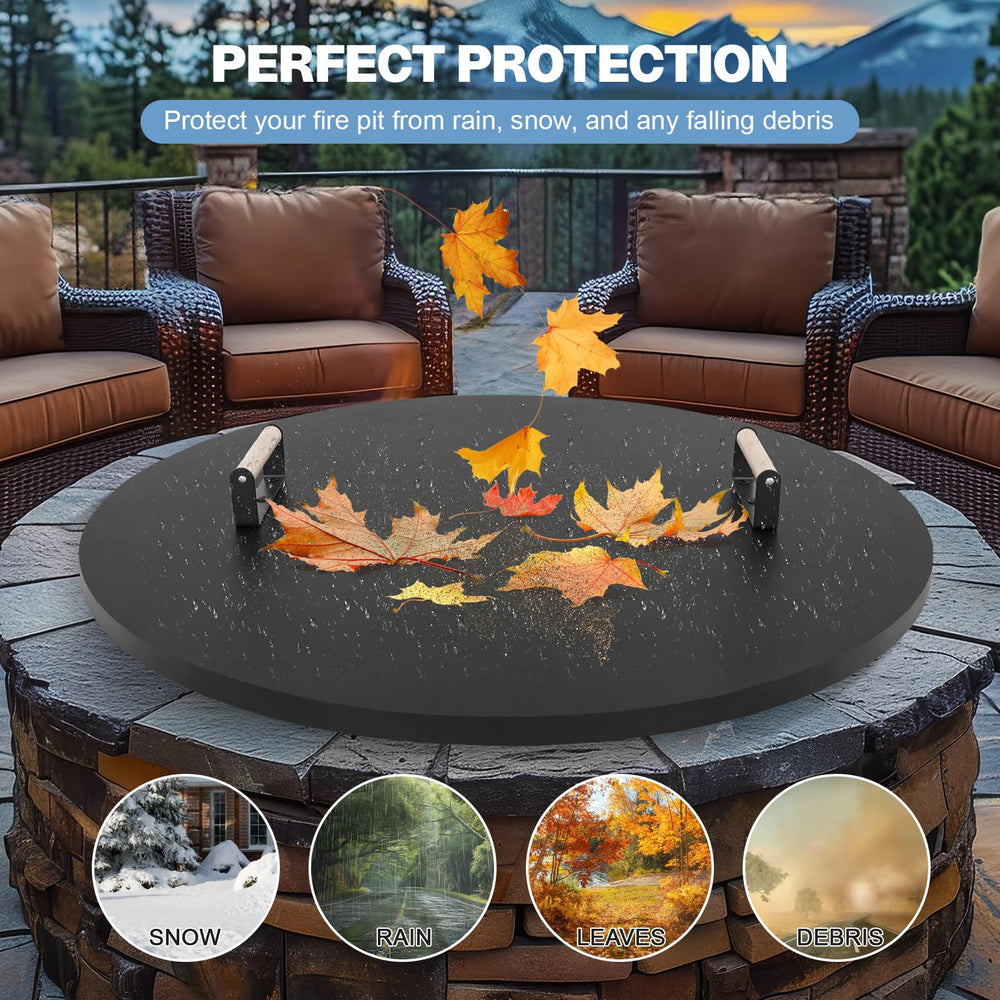 Permade lid fitted on stone firepit showing secure weatherproofing benefit