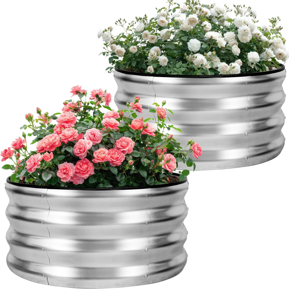 Permade front view of two silver planter boxes showing compact set and finish