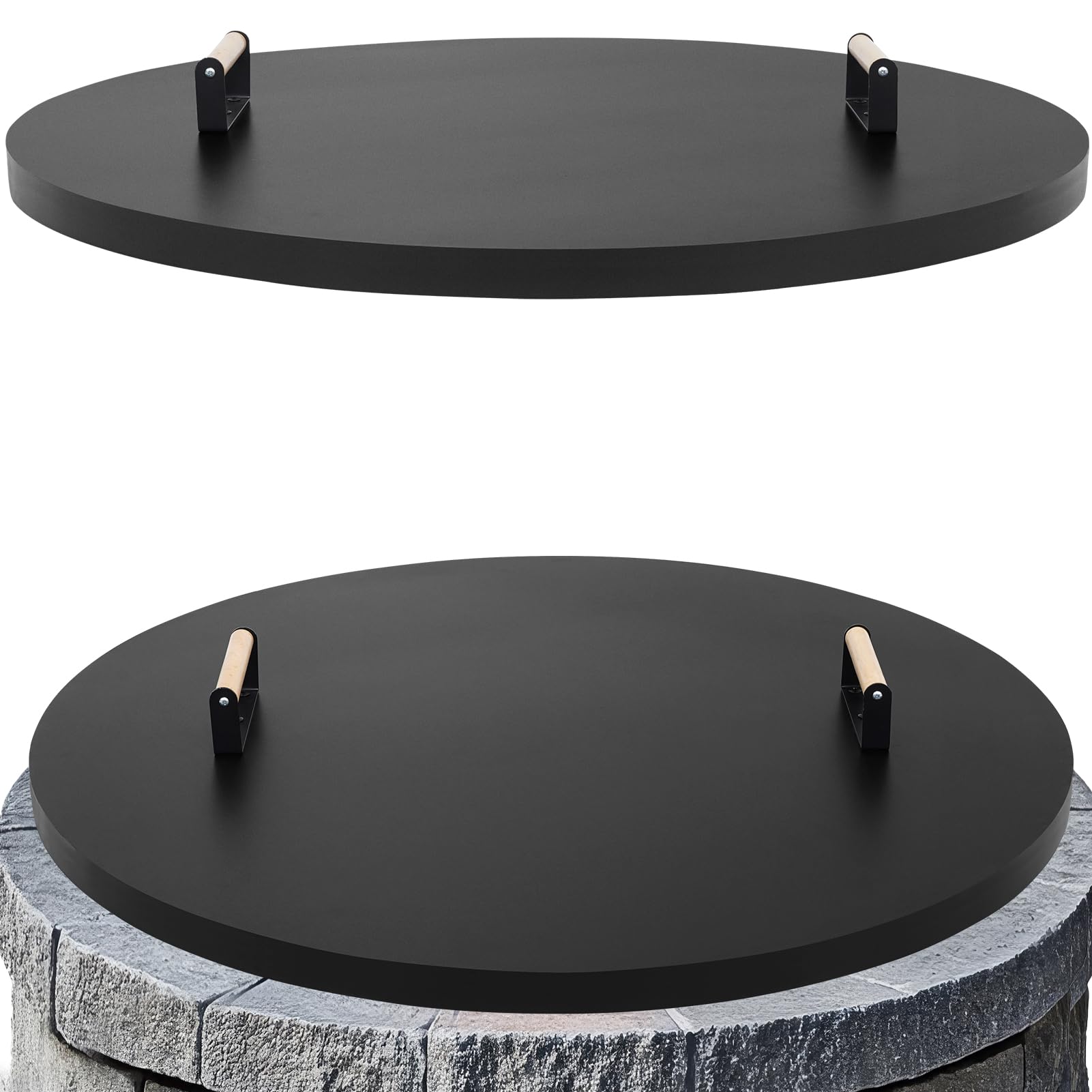 Permade front view of round fire pit lid showing full coverage and protection