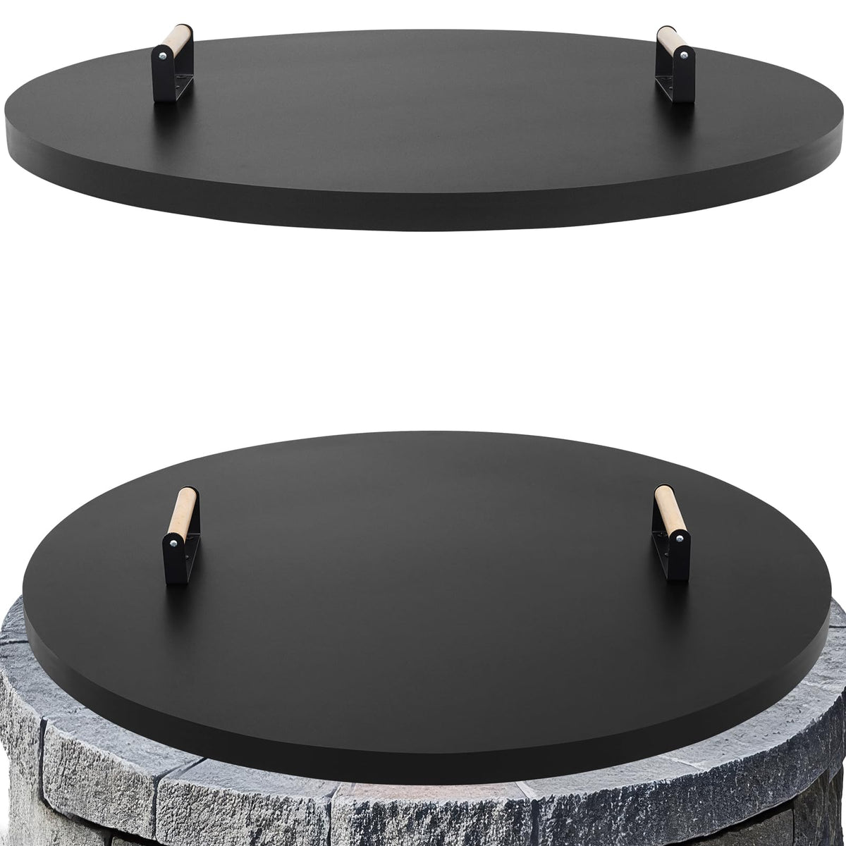 Permade front view of round fire pit lid showing full coverage and protection