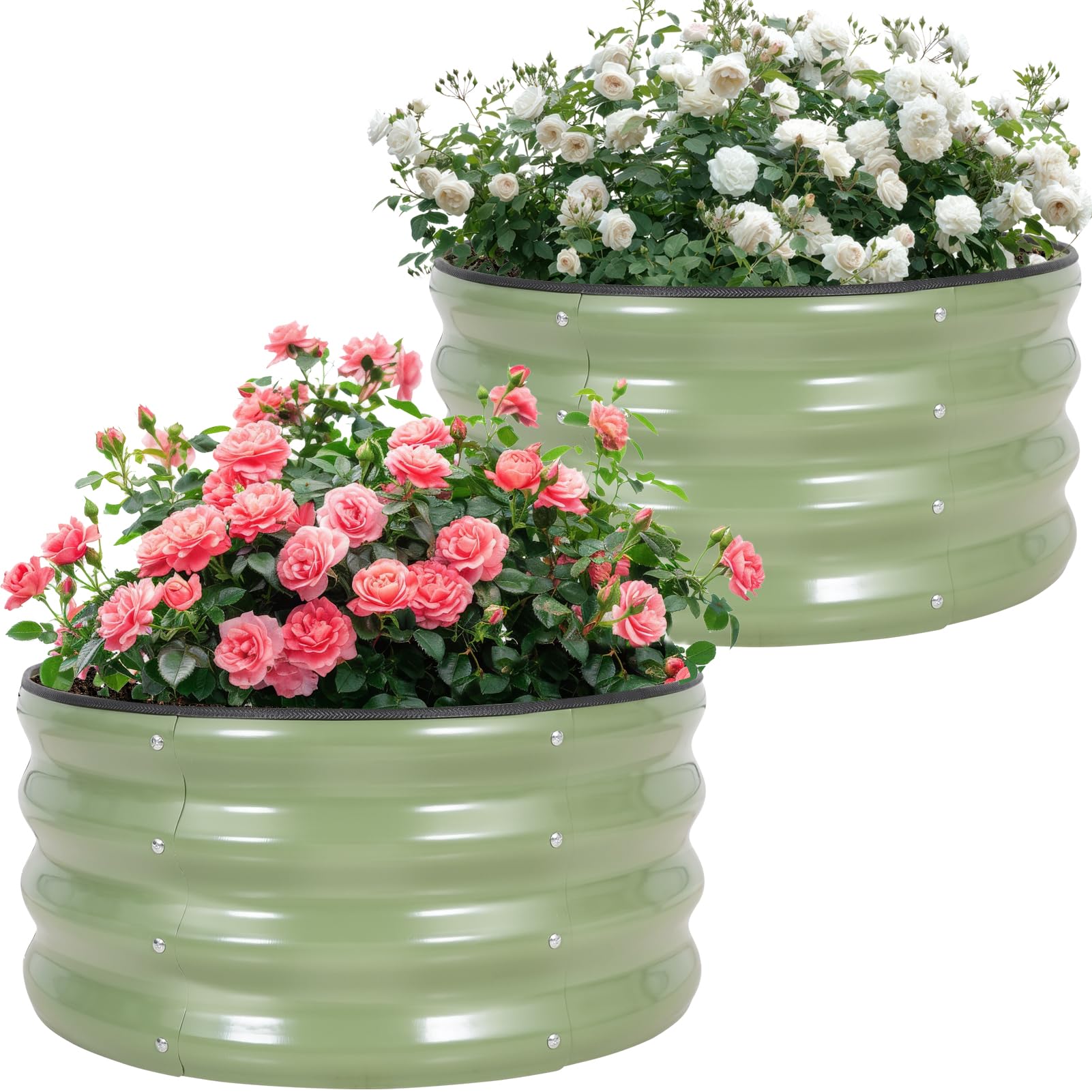 Permade front view of two green galvanized planter boxes showing organized planting benefit