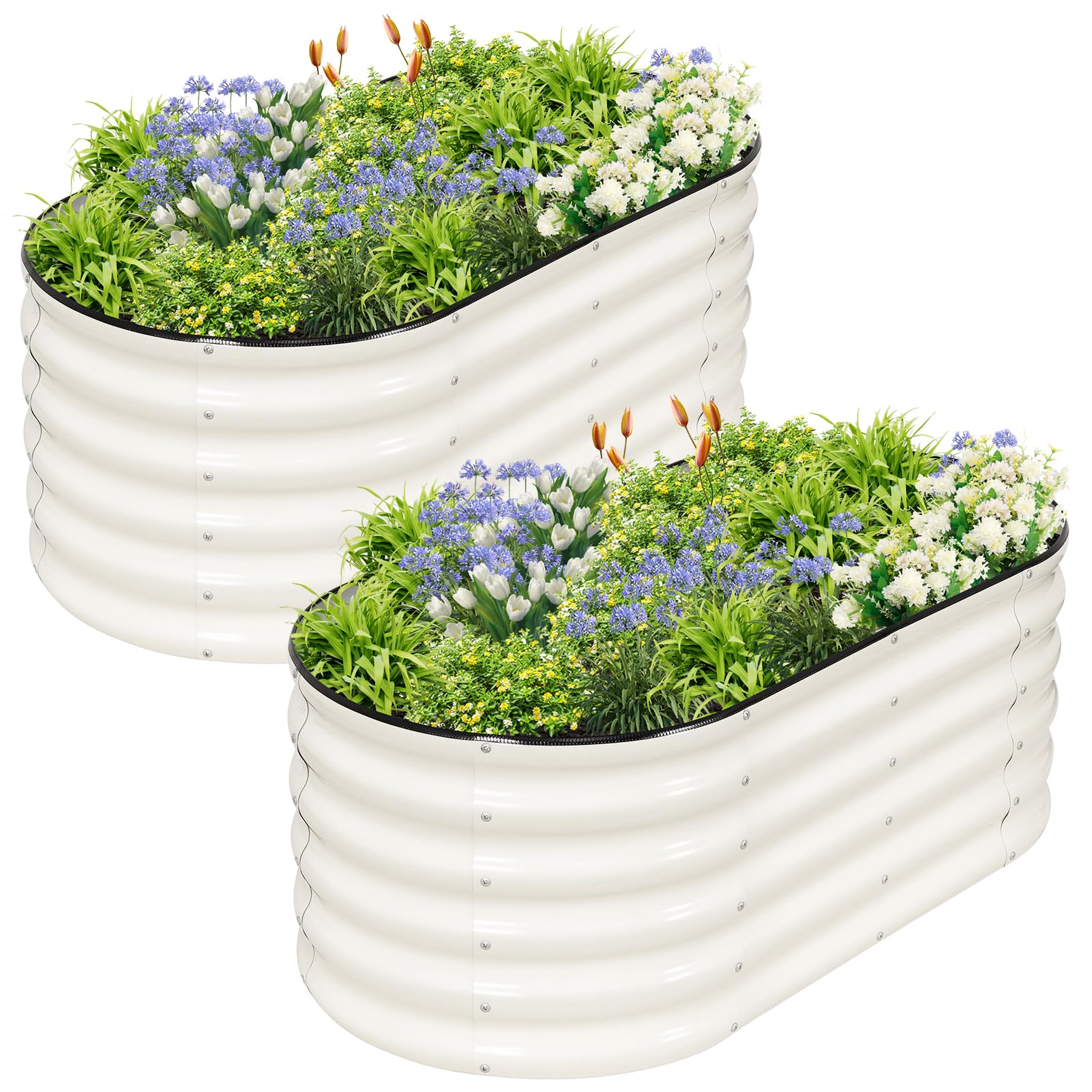Permade front view of two white galvanized raised beds showing durable build and neat finish