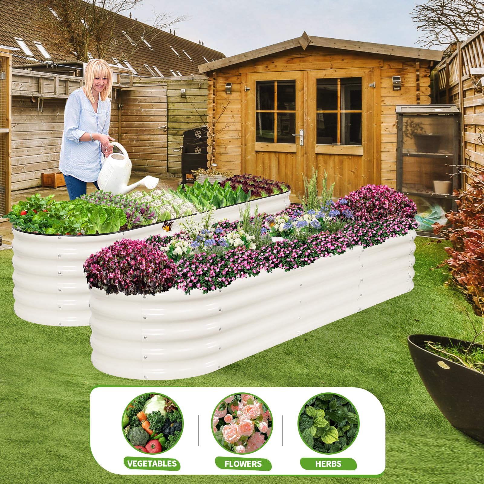 Permade raised bed with person standing beside it to show scale and accessibility