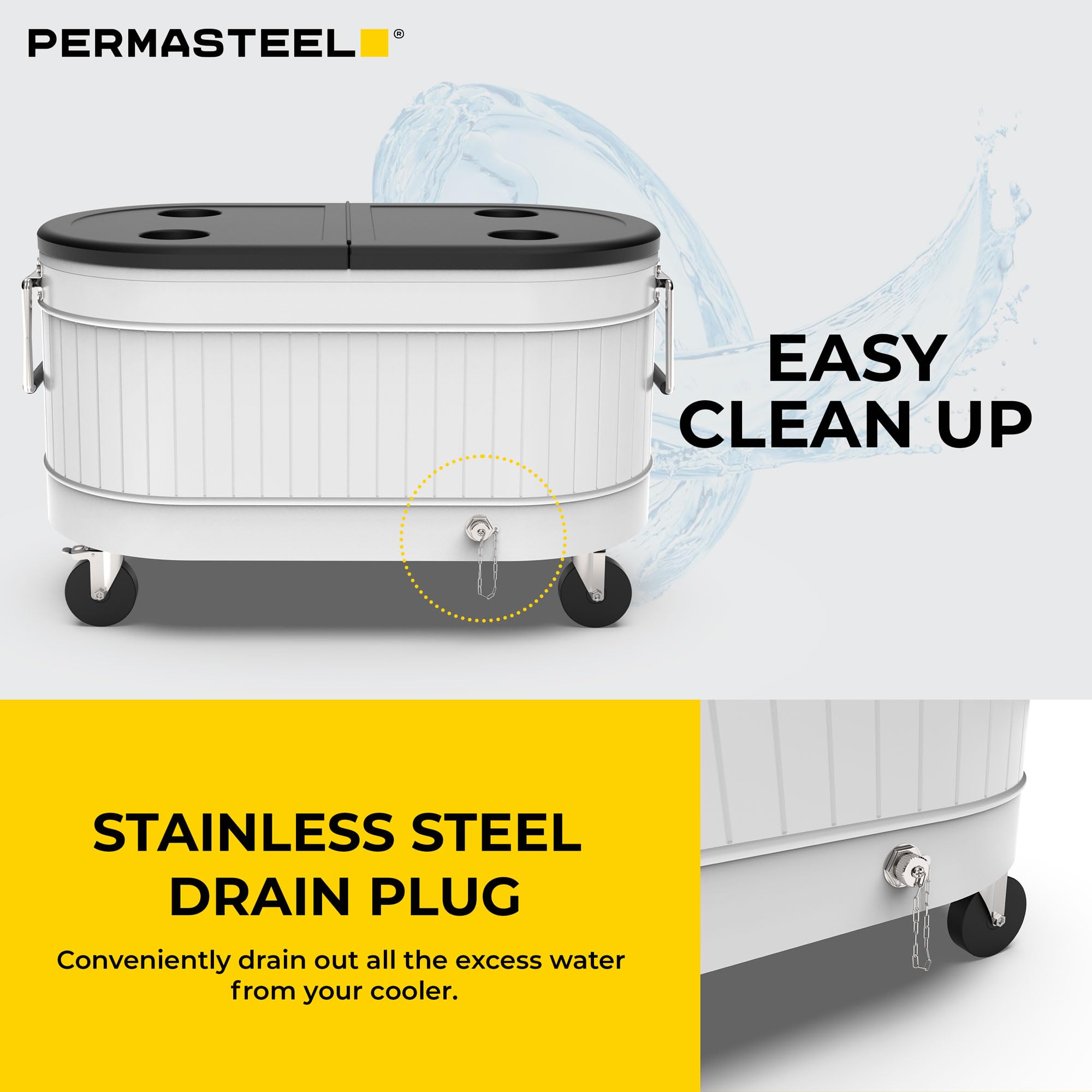 Permasteel built-in bottle opener and drain plug for easy service and cleanup