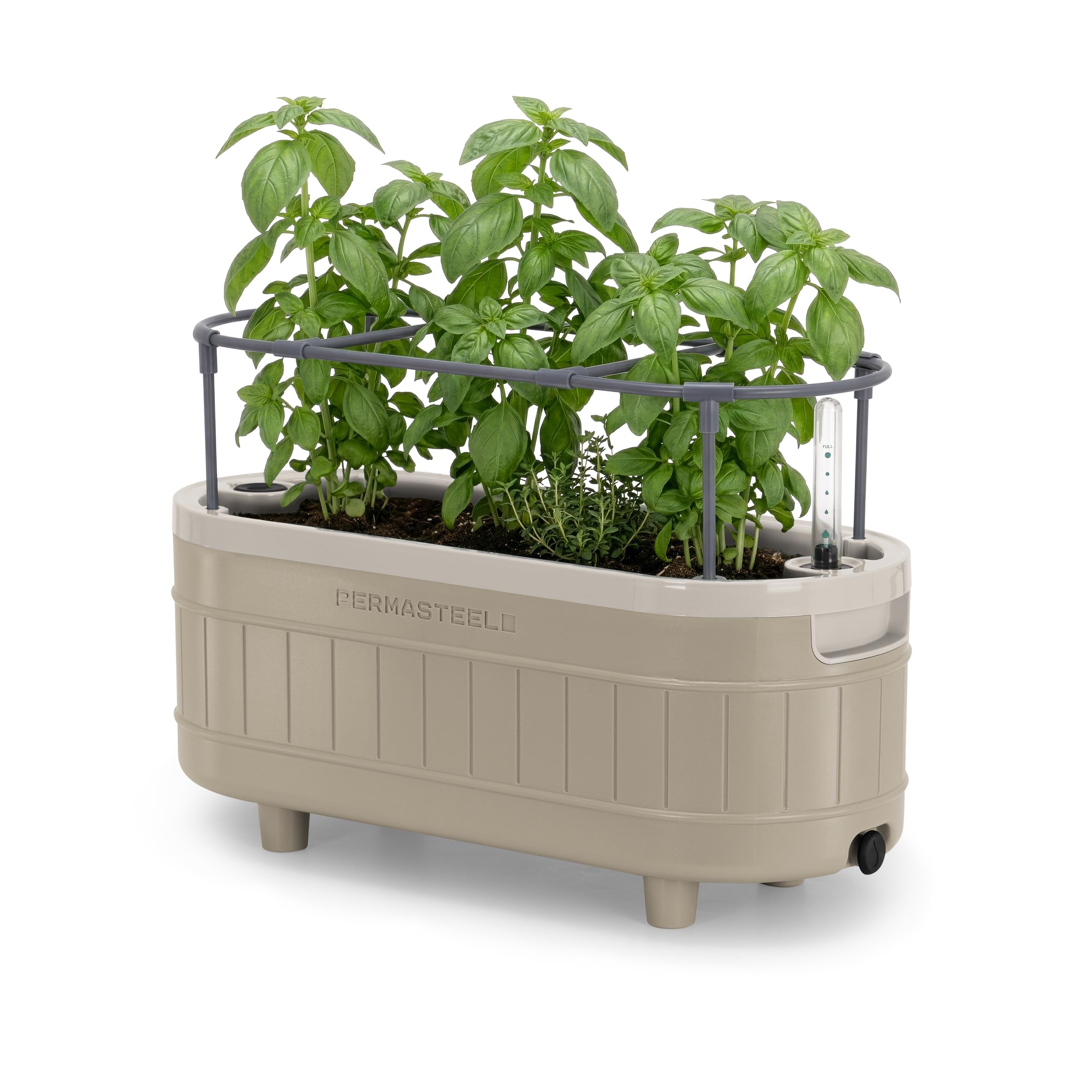 Permasteel front view taupe planter showing clean lines and multiple plant spaces for convenience