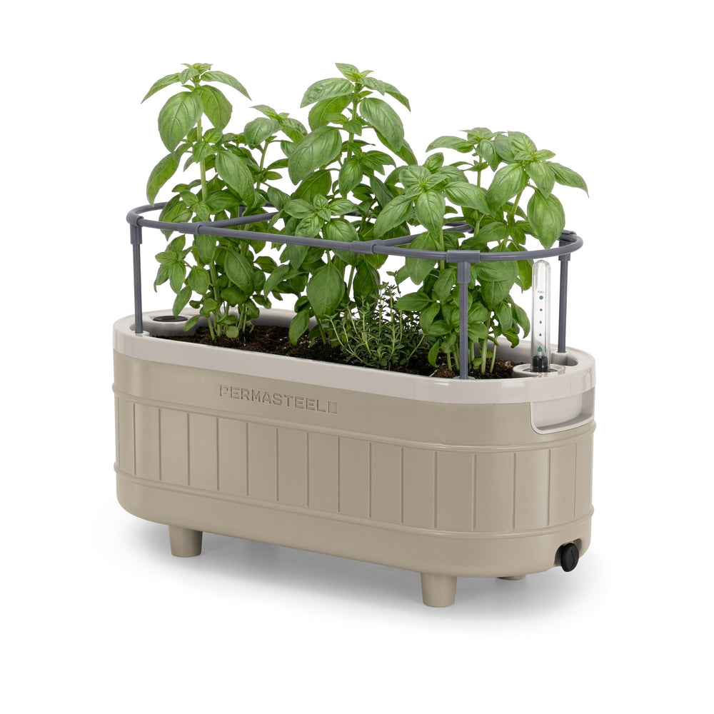 Permasteel front view taupe planter showing clean lines and multiple plant spaces for convenience