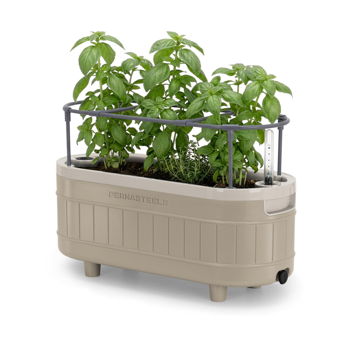 Permasteel front view taupe planter showing clean lines and multiple plant spaces for convenience