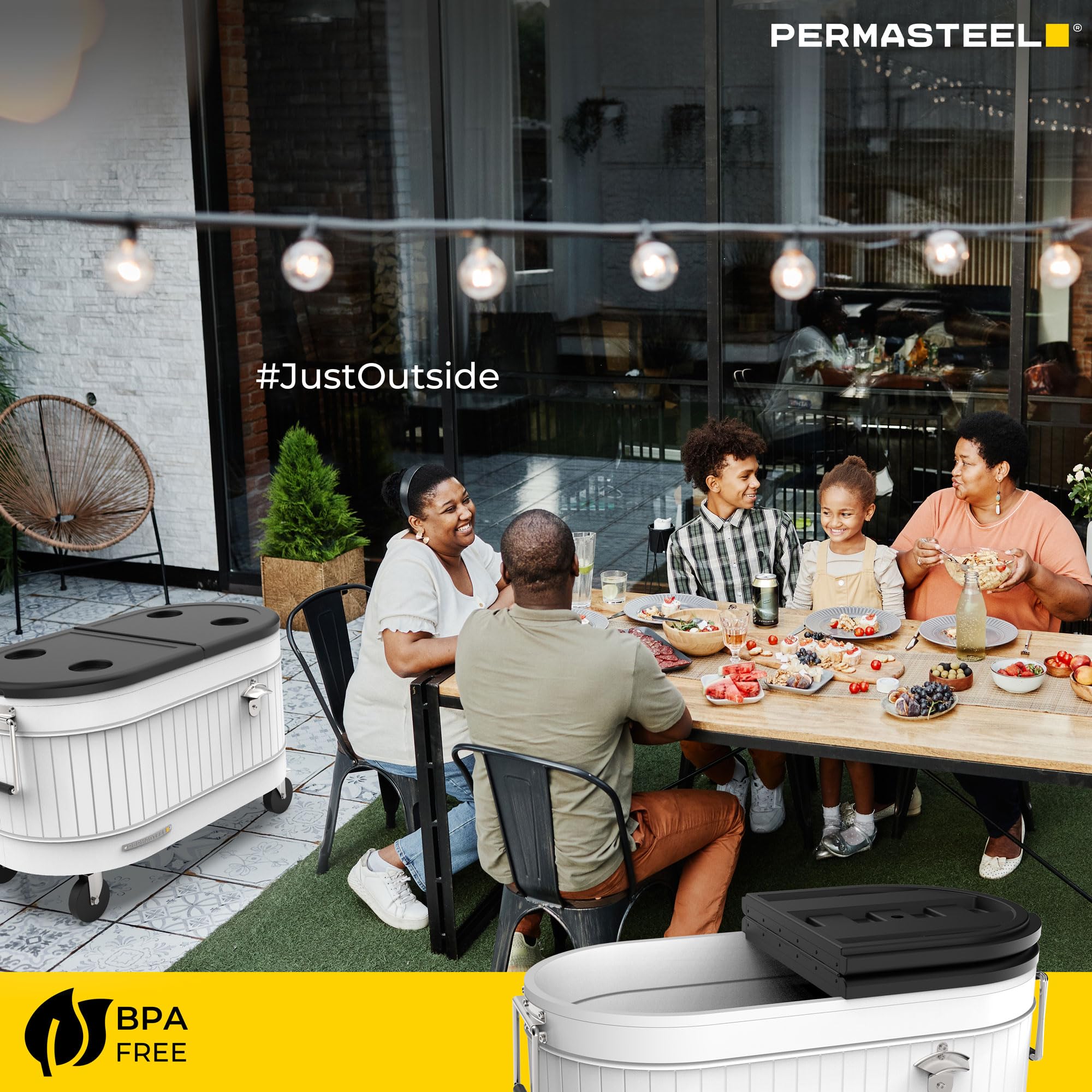 Permasteel cooler next to people illustrating scale and generous beverage capacity