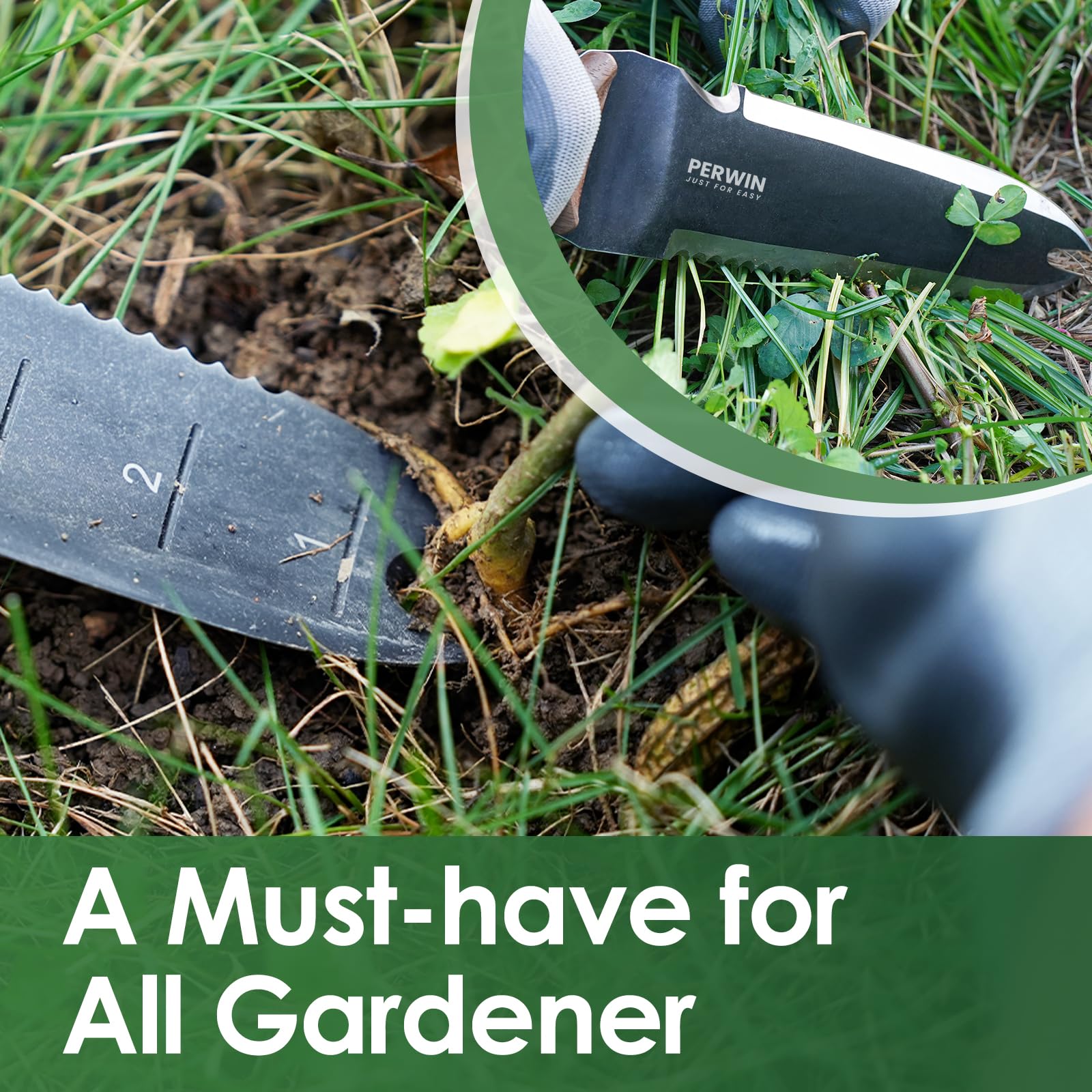 PERWIN Hori Hori in garden setting showing multiuse usefulness for gardeners