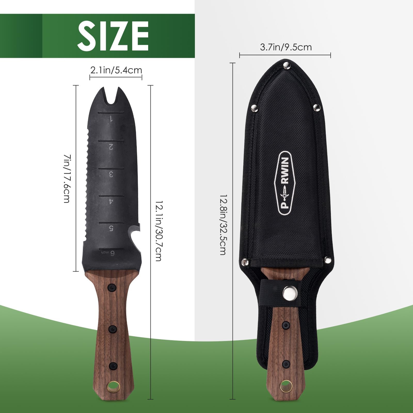 PERWIN Hori Hori next to ruler showing overall length and blade size for scale