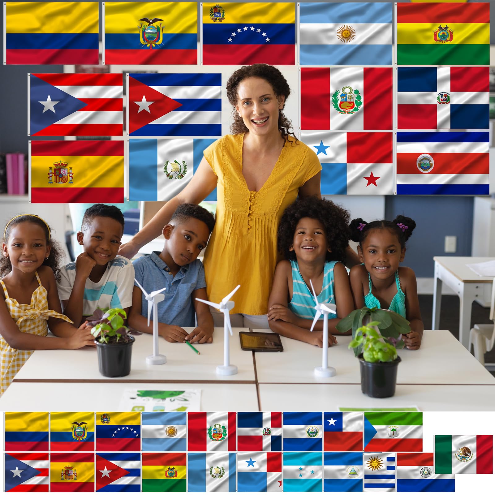 Peryiter flags hanging in a classroom to teach geography and cultural awareness benefit