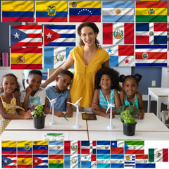 Peryiter flags hanging in a classroom to teach geography and cultural awareness benefit
