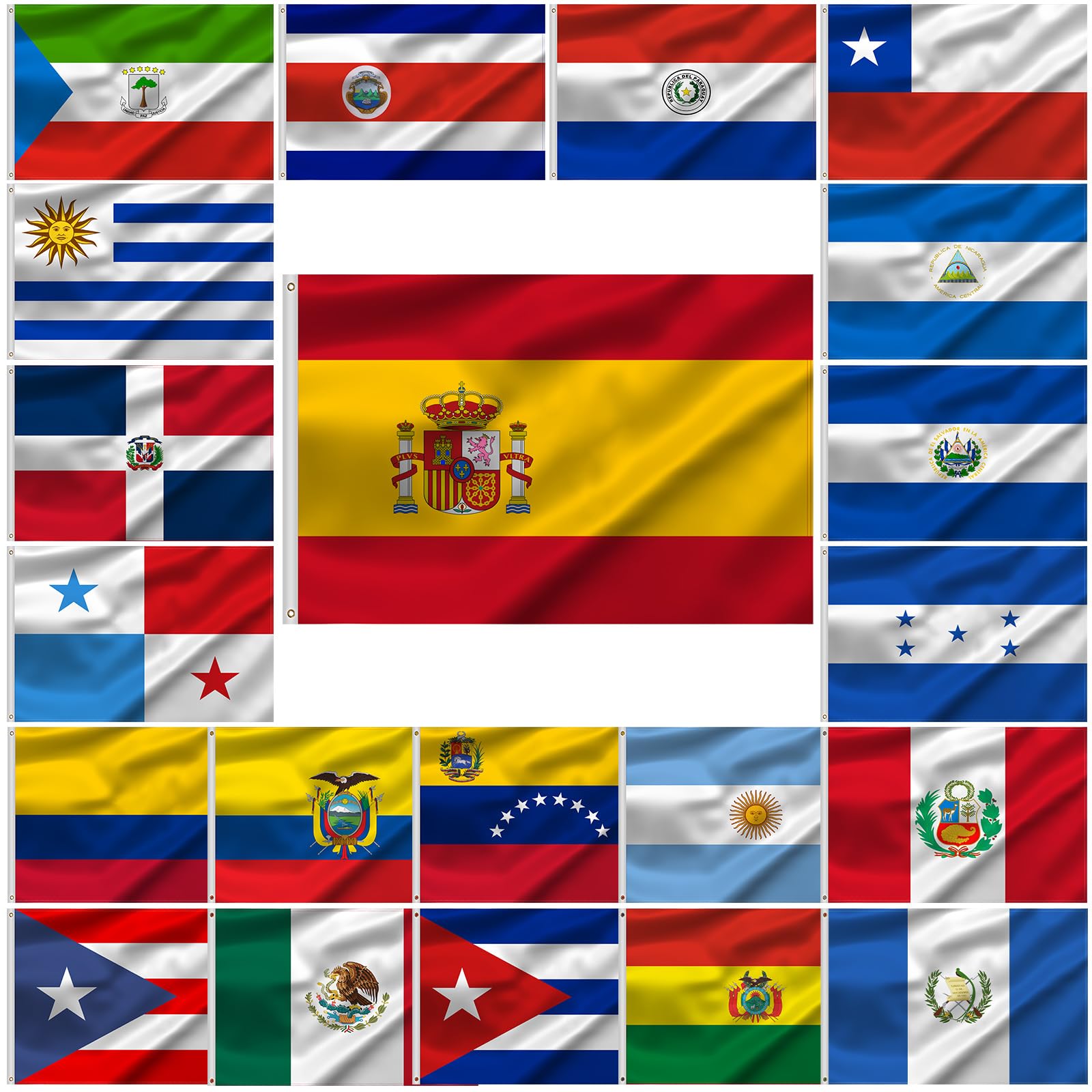 Peryiter front view of multiple Latin America flags ready to display, vibrant decor benefit