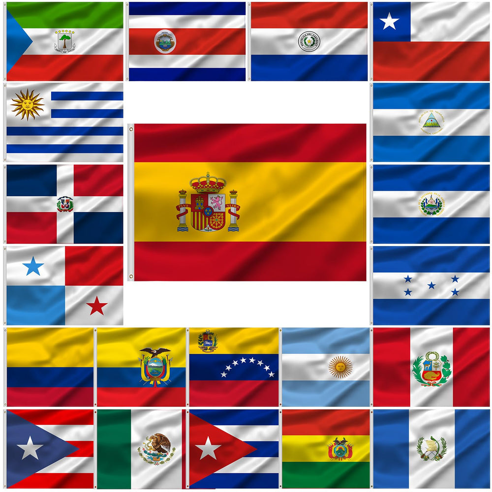 Peryiter front view of multiple Latin America flags ready to display, vibrant decor benefit