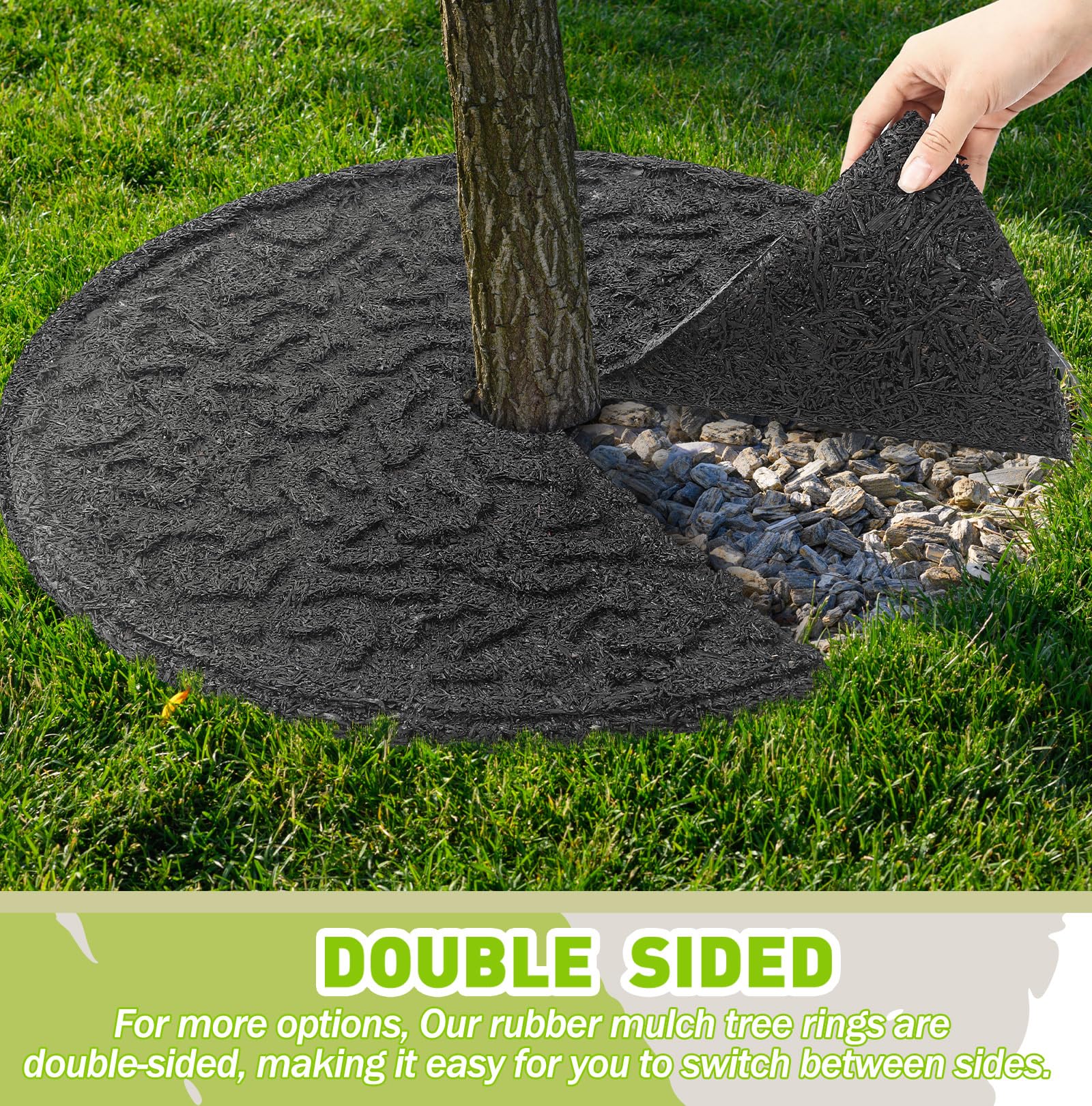 Peryiter ring installed around a tree trunk showing neat weed protection benefit