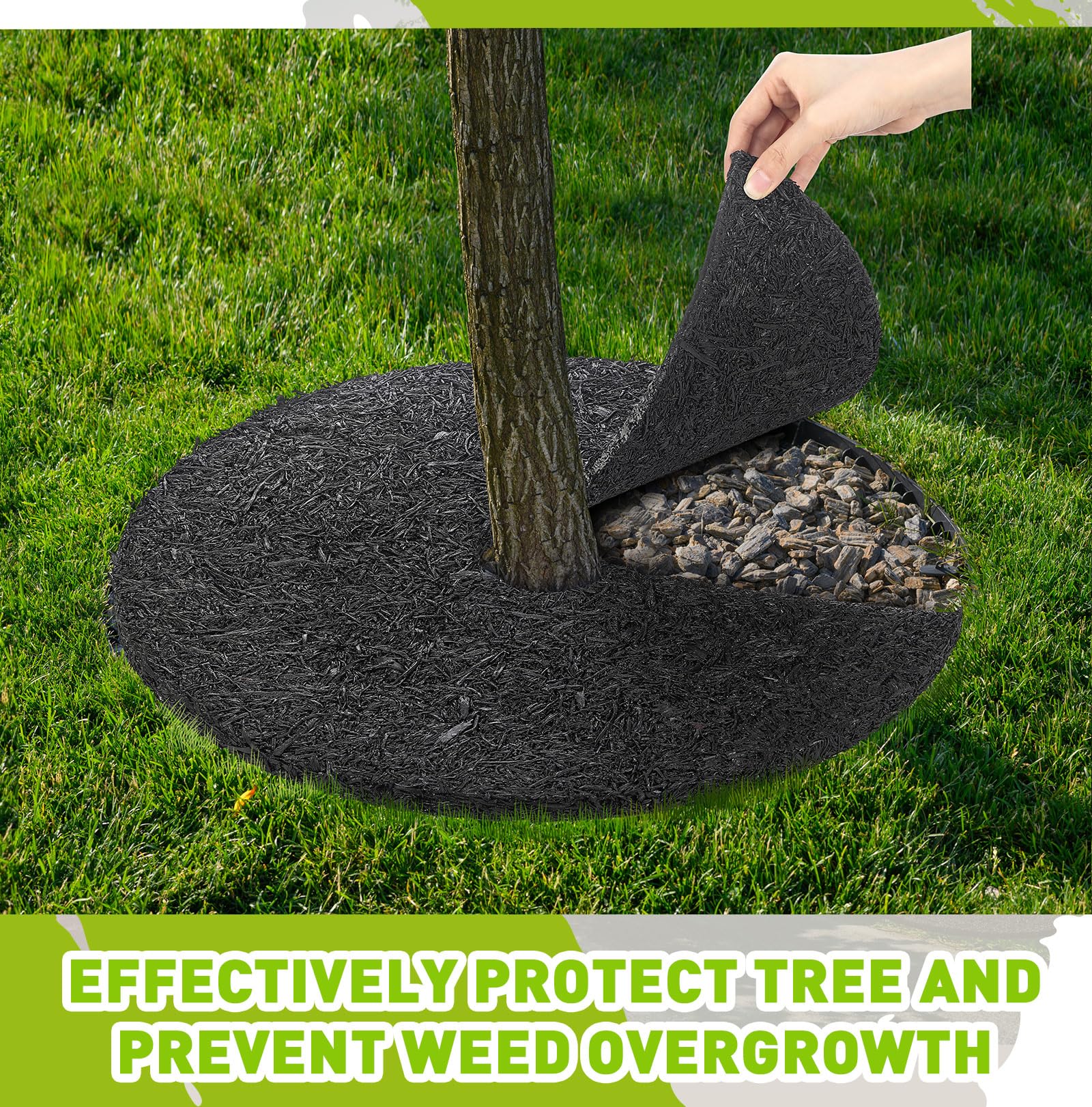 Peryiter ring installed around a tree base protecting roots and preventing weeds in yard