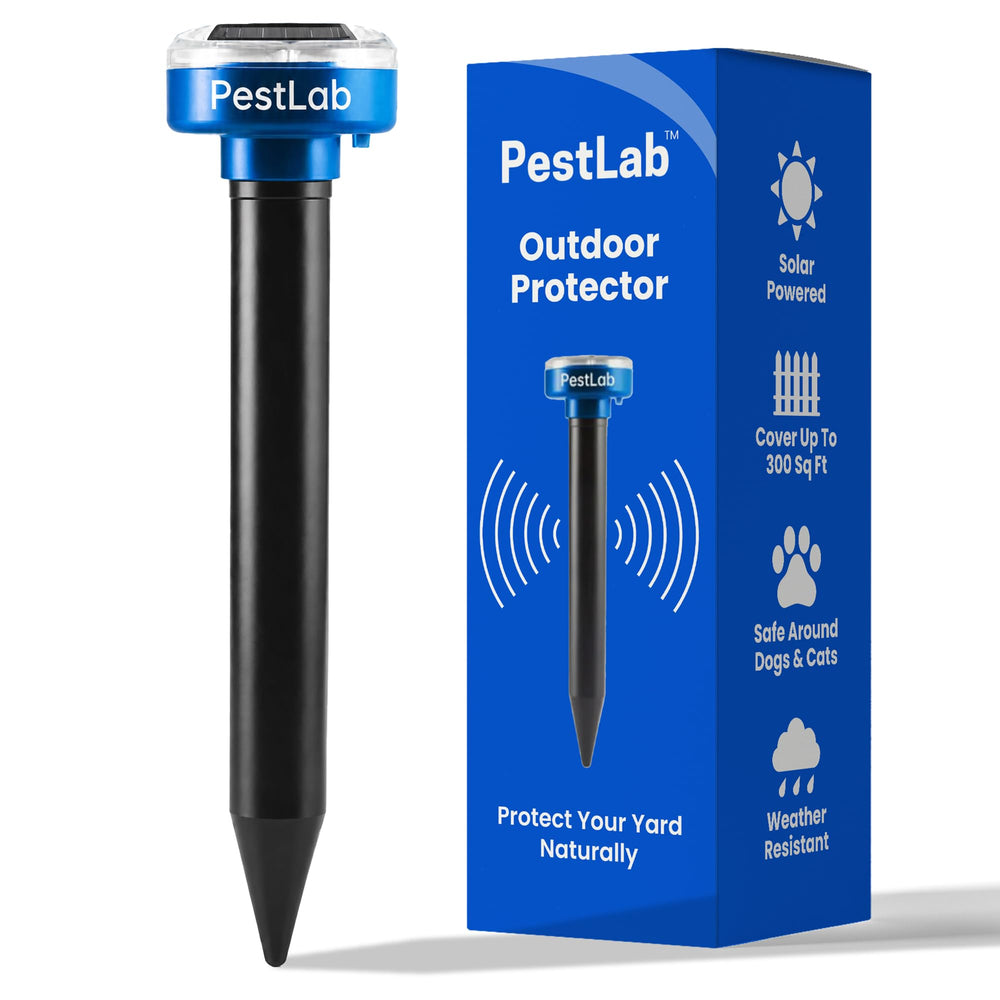 Pestlab front view staked in soil showing solar-powered outdoor protection