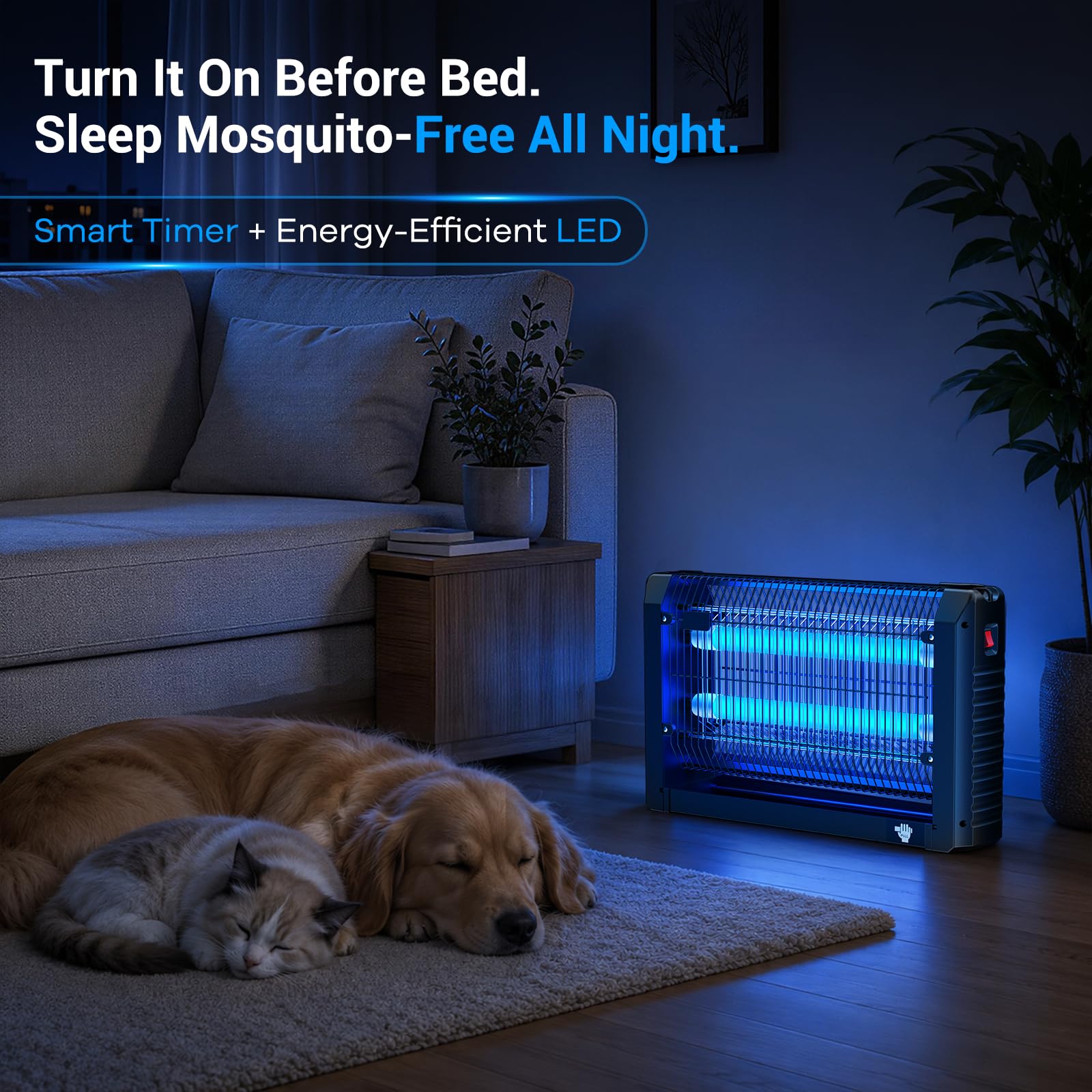 Pestrols in bedroom at night on dim mode, provides quiet, low-glare insect control