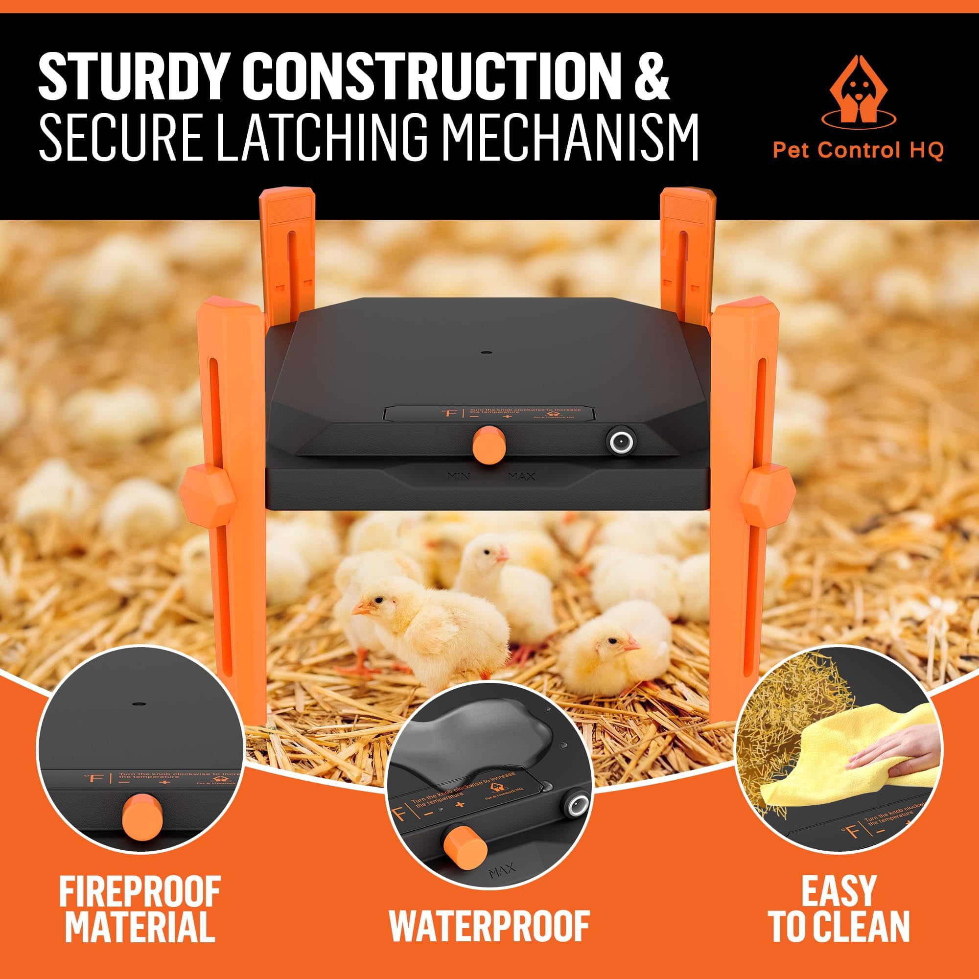 Pet & Livestock HQ plate in use with chicks gathered underneath demonstrating even, comforting warmth